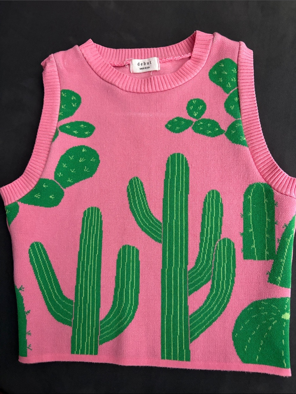 debut Pink Tank Top with Green Cactus Design